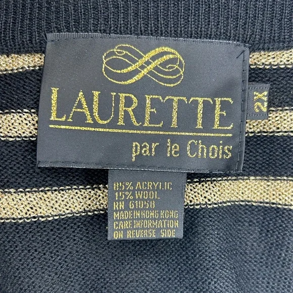Laurette Women’s Striped V-Neck Sweater VTG Wool Blend Black/Metallic Gold 2X - Picture 8 of 11